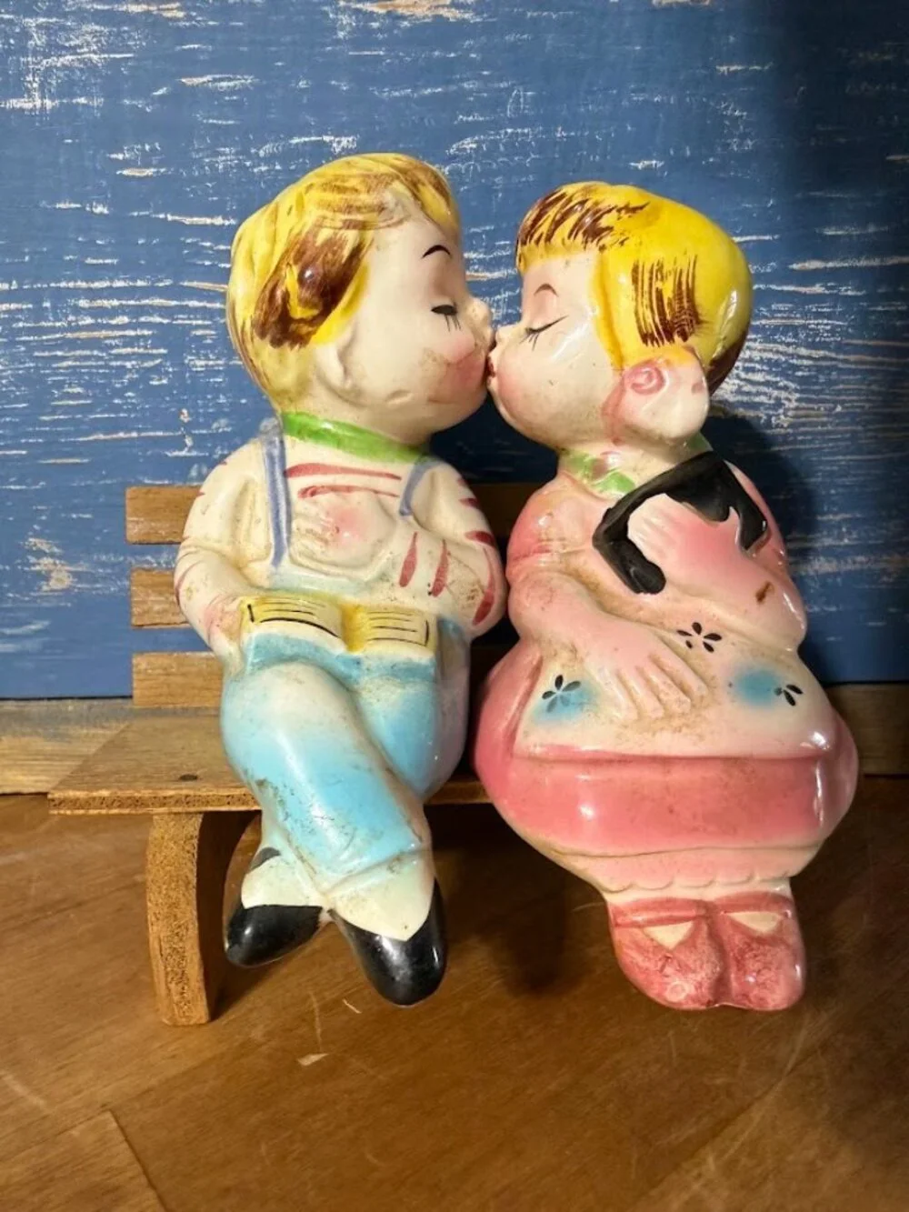 50s Japan Vintage Salt and Pepper Shakers Boy Girl Kissing on Bench